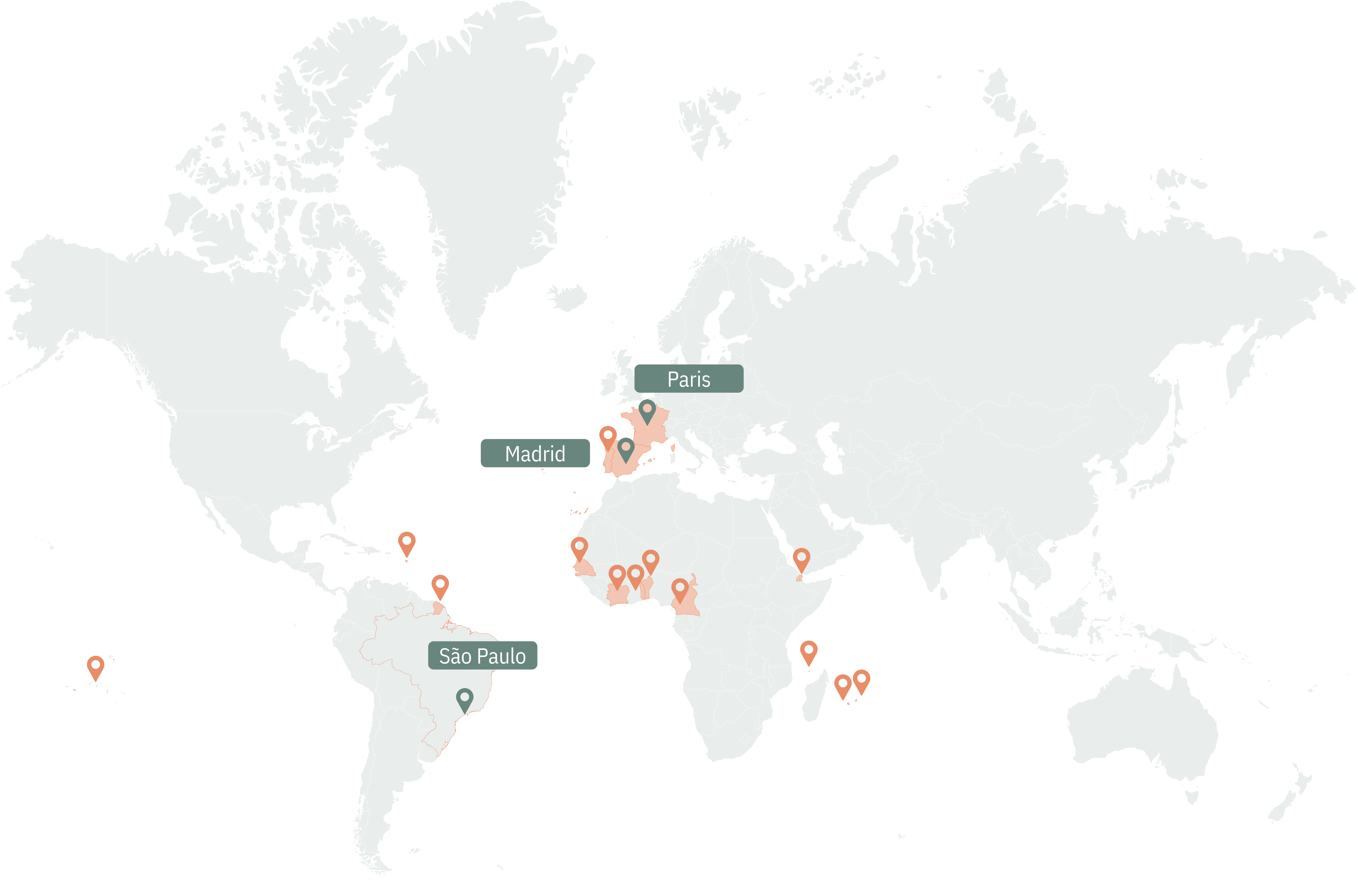 Mapa mundial con las referencias de clientes y las oficinas de Muvraline en París, Madrid y São Paulo