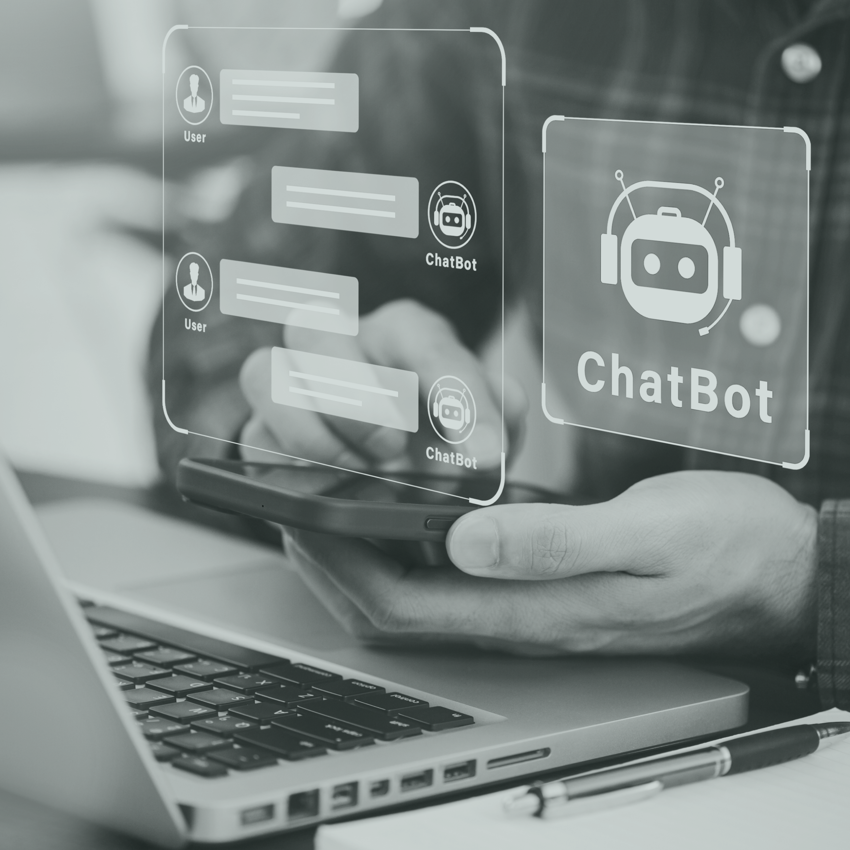 Vue rapprochée d'une main tenant un téléphone devant un ordinateur avec une illustration d'une conversation entre une personne et un ChatBot